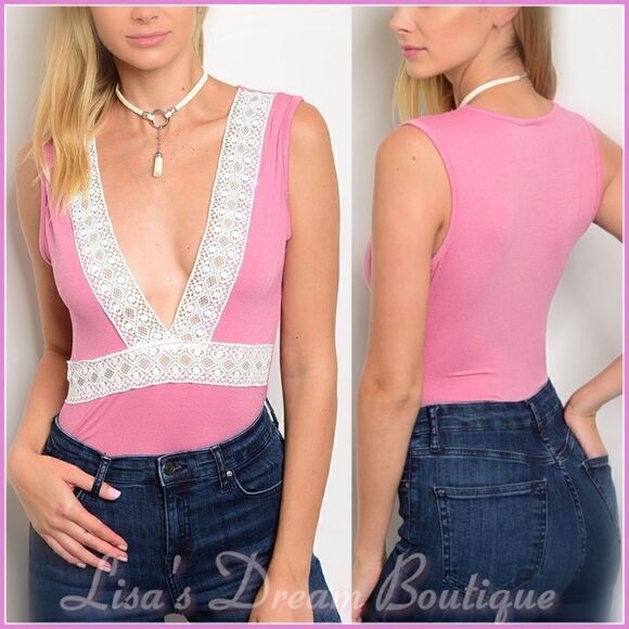 Final Price | Pink Sleeveless Deep V-Neckline Bodysuit with Lace Crochet Trim - Picture 1 of 7